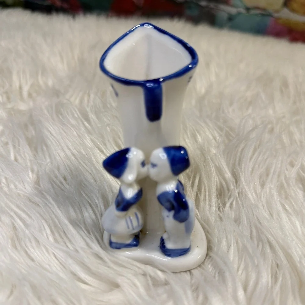 Vintage Delft Blue Miniature Bud Vase Kissing Dutch Boy Girl Windmill
